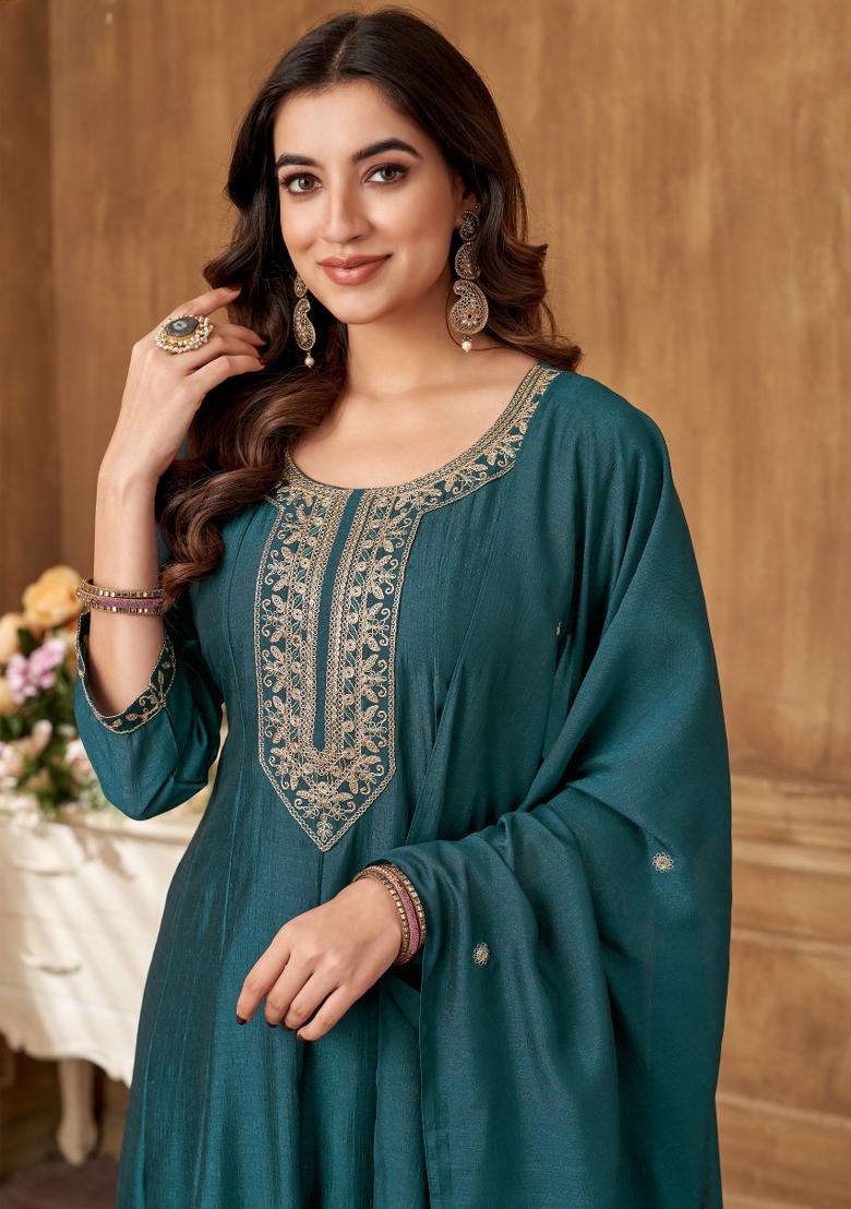 Teal Embroidered Silk Blend Anarkali Set - Indya
