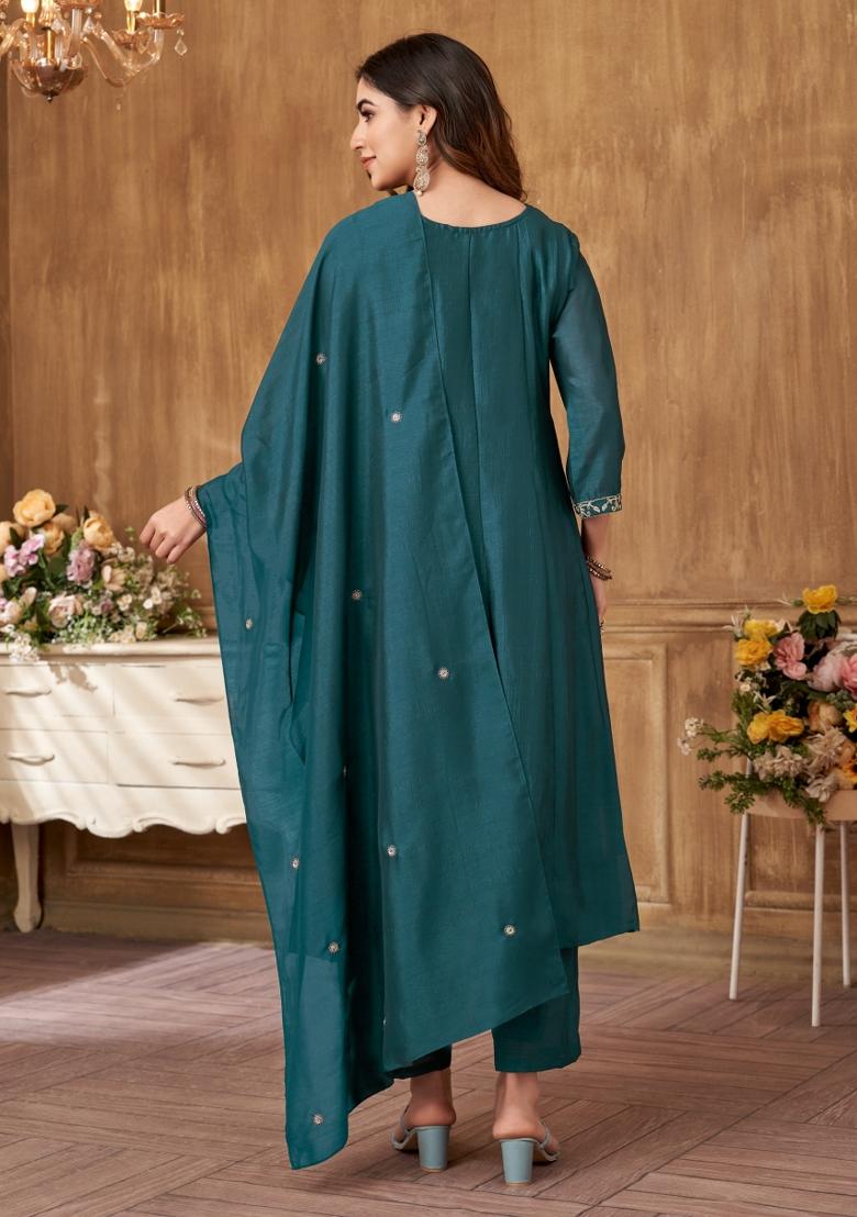 Teal Embroidered Silk Blend Anarkali Set - Indya