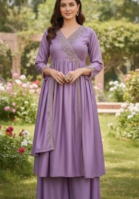 Purple Embroidered Silk Blend Anarkali Set
