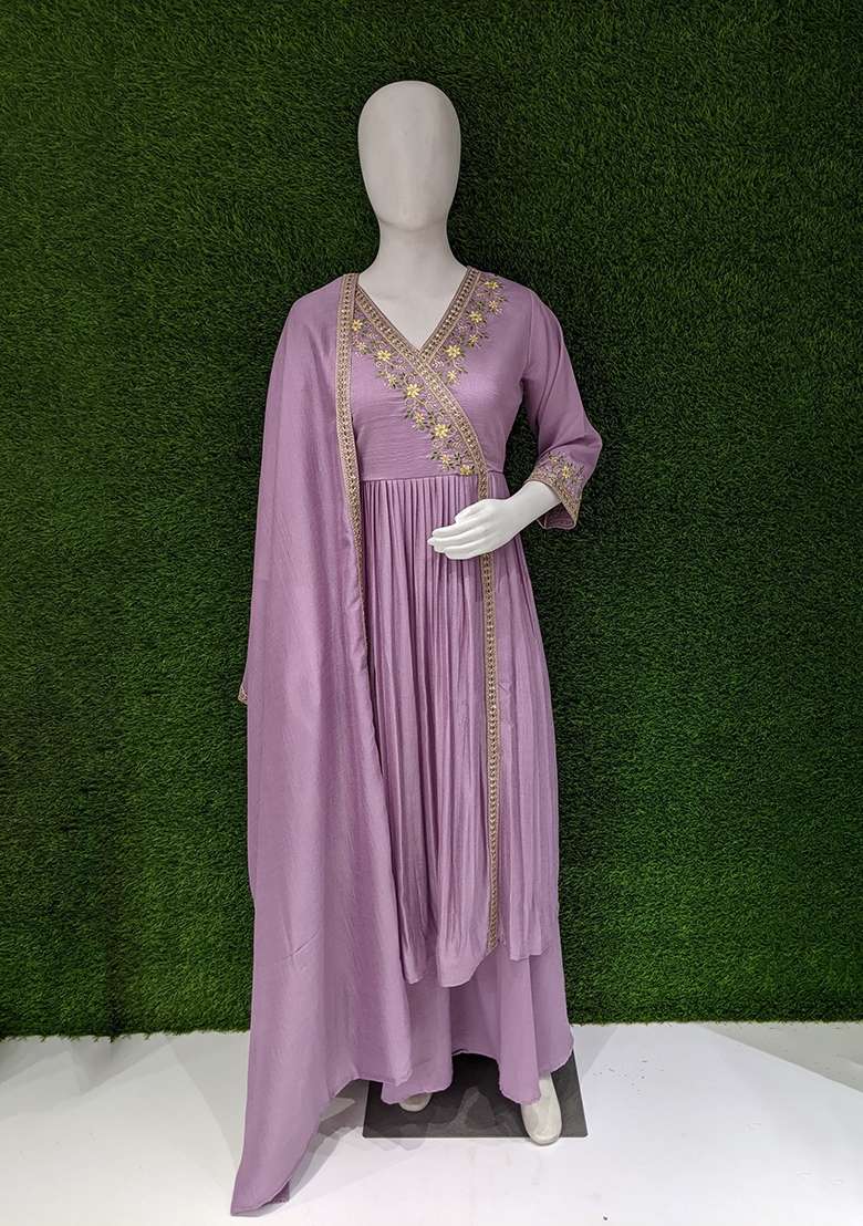 Purple Embroidered Silk Blend Anarkali Set - Indya