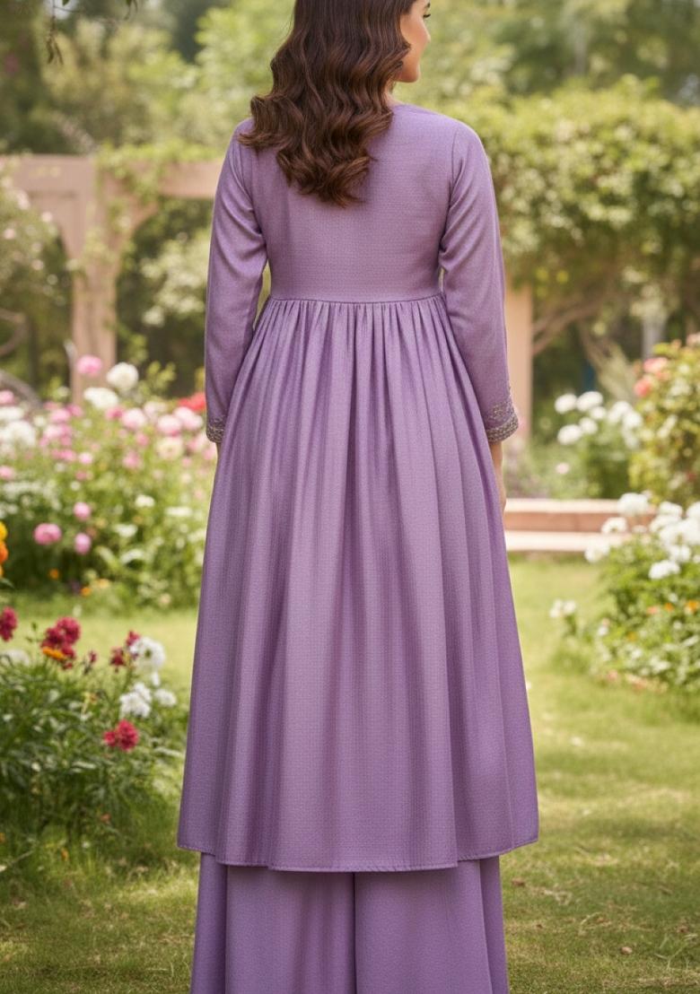 Purple Embroidered Silk Blend Anarkali Set - Indya