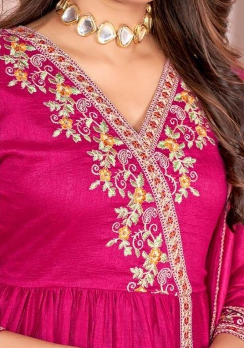 Pink Embroidered Silk Blend Anarkali Set - Indya