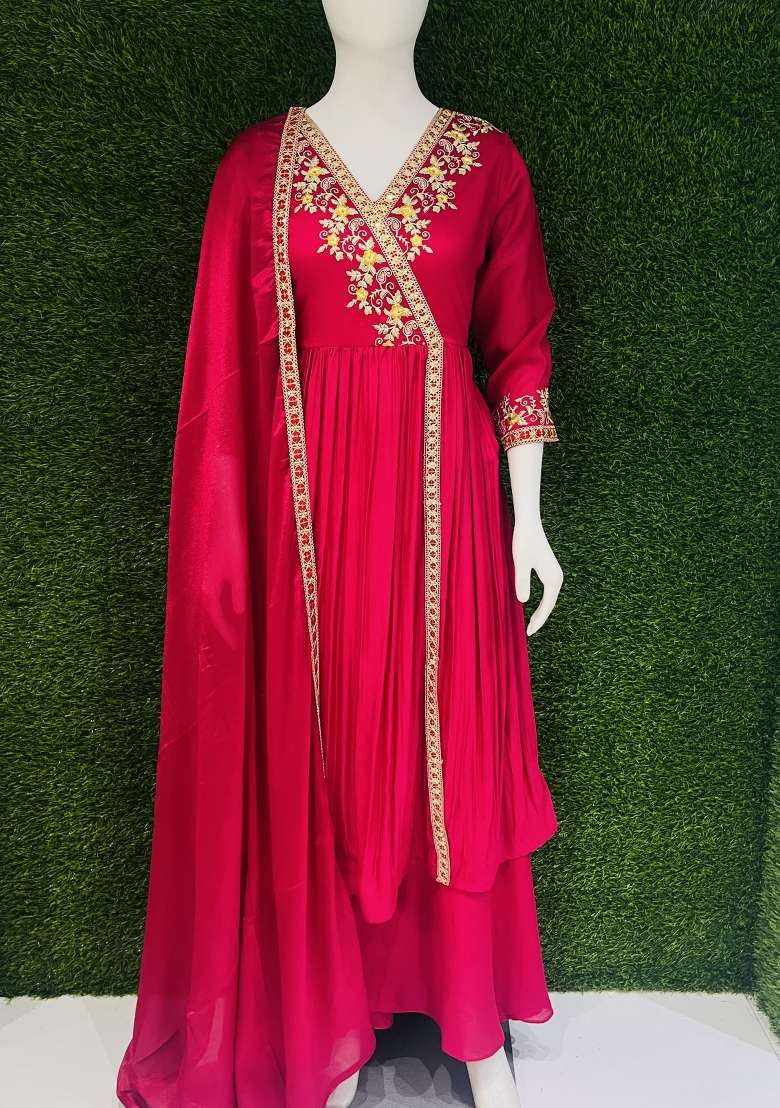 Pink Embroidered Silk Blend Anarkali Set - Indya
