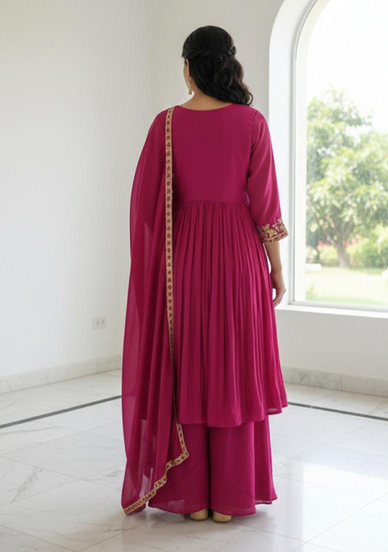 Pink Embroidered Silk Blend Anarkali Set - Indya