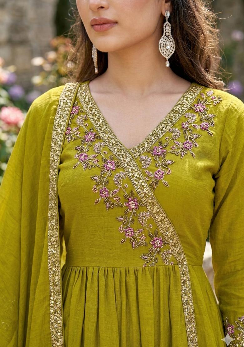 Yellow Embroidered Silk Blend Anarkali Set - Indya