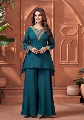 Teal Coading Work Chinon Salwar Kameez