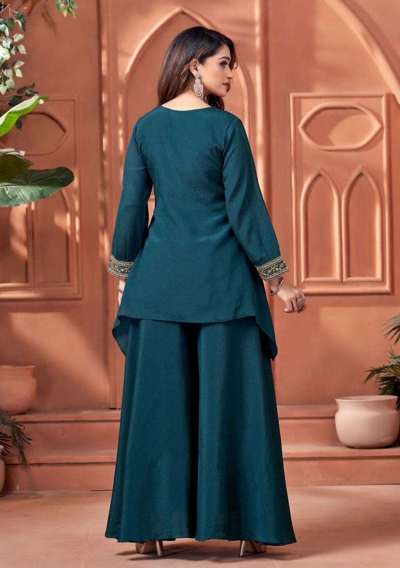 Teal Coading Work Chinon Salwar Kameez - Indya
