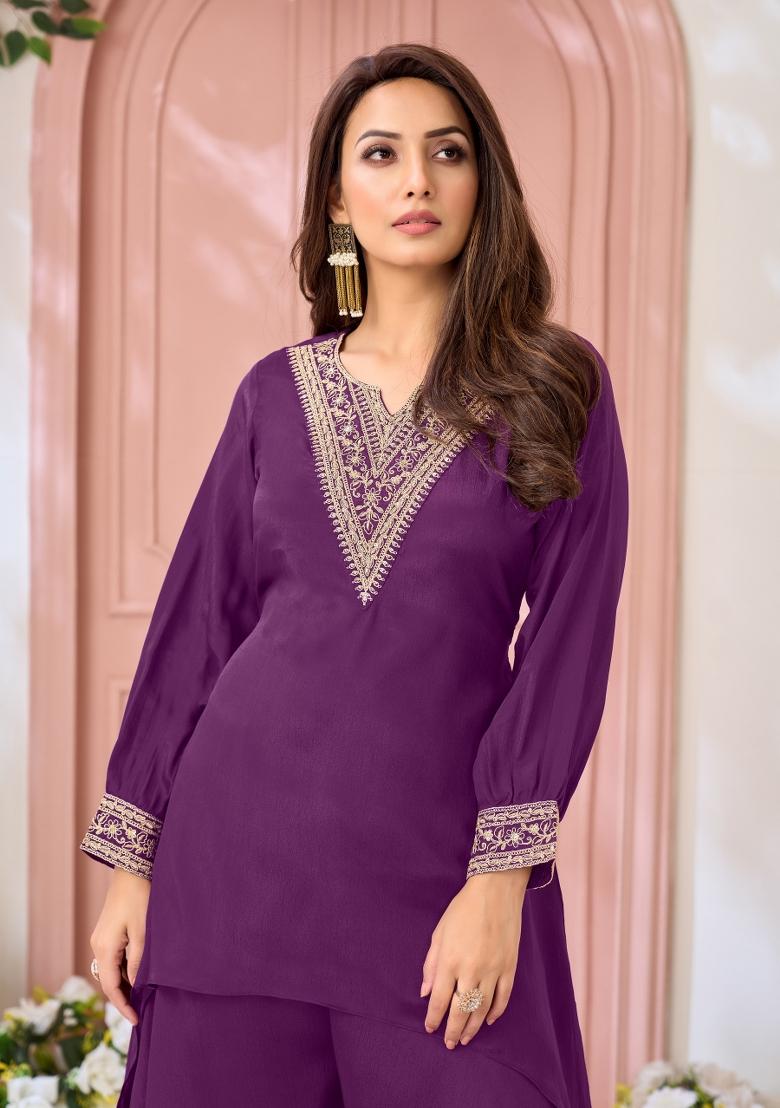 Purple Coading Work Chinon Salwar Kameez - Indya