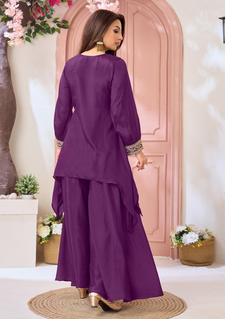 Purple Coading Work Chinon Salwar Kameez - Indya