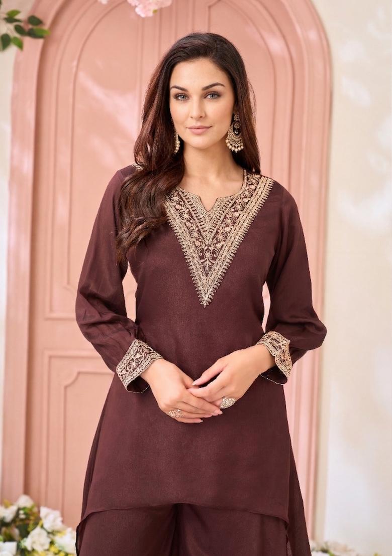 Coffee Coading Work Chinon Salwar Kameez - Indya
