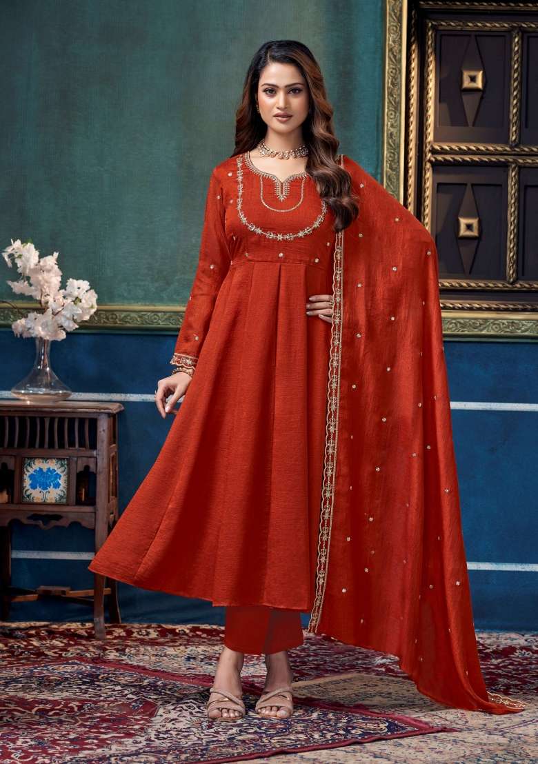 Rust Embroidered Silk Blend Anarkali Set - Indya