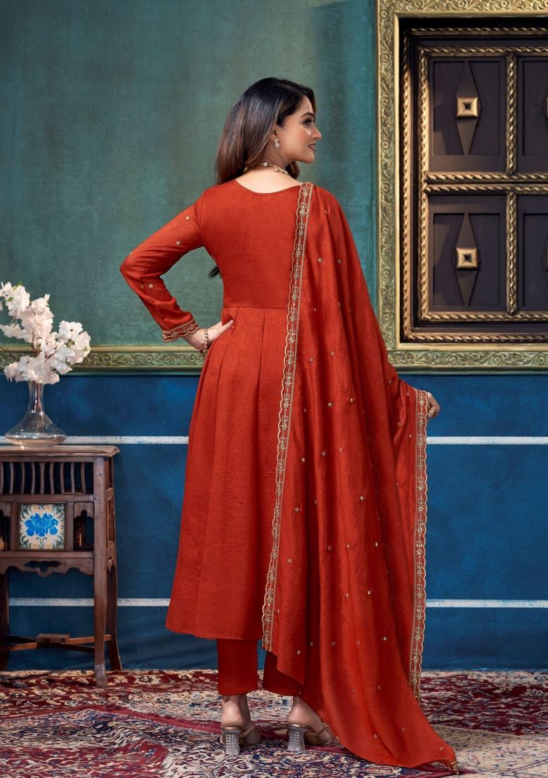 Rust Embroidered Silk Blend Anarkali Set - Indya