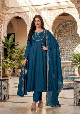 Blue Embroidered Silk Blend Anarkali Set