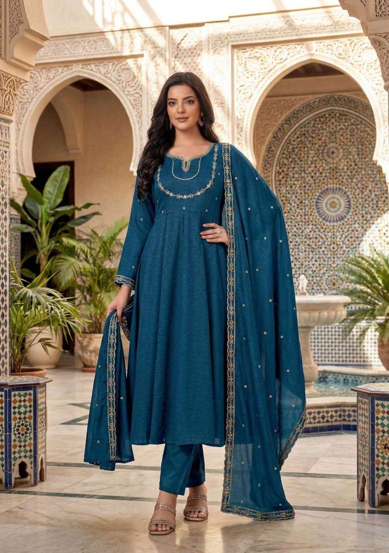 Blue Embroidered Silk Blend Anarkali Set - Indya