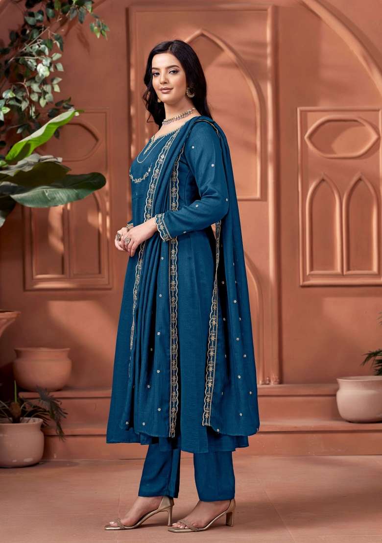 Blue Embroidered Silk Blend Anarkali Set - Indya