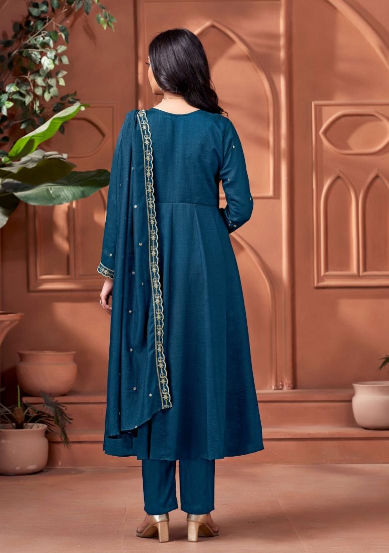 Blue Embroidered Silk Blend Anarkali Set - Indya