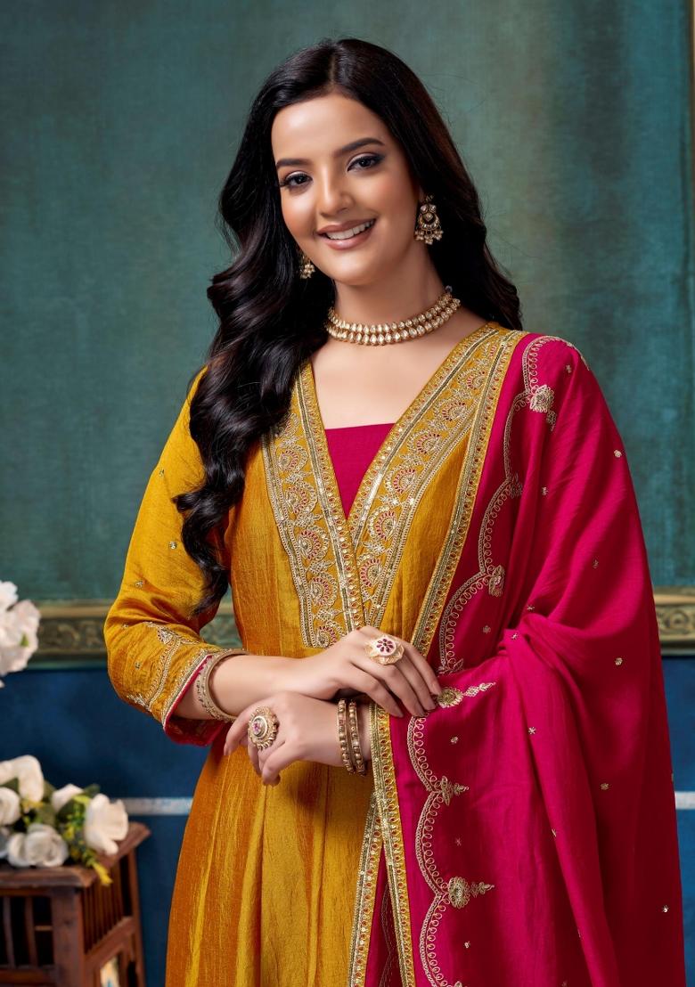 Yellow Embroidered Silk Blend Anarkali Set - Indya
