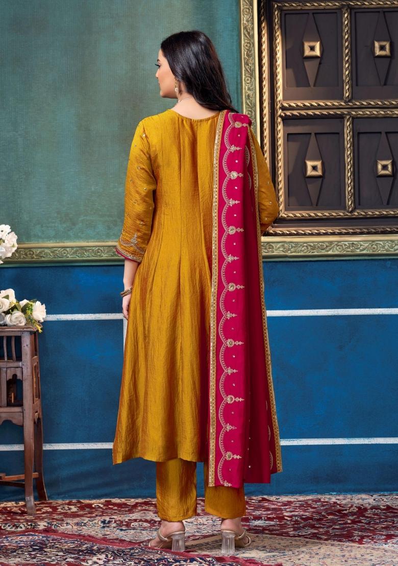 Yellow Embroidered Silk Blend Anarkali Set - Indya