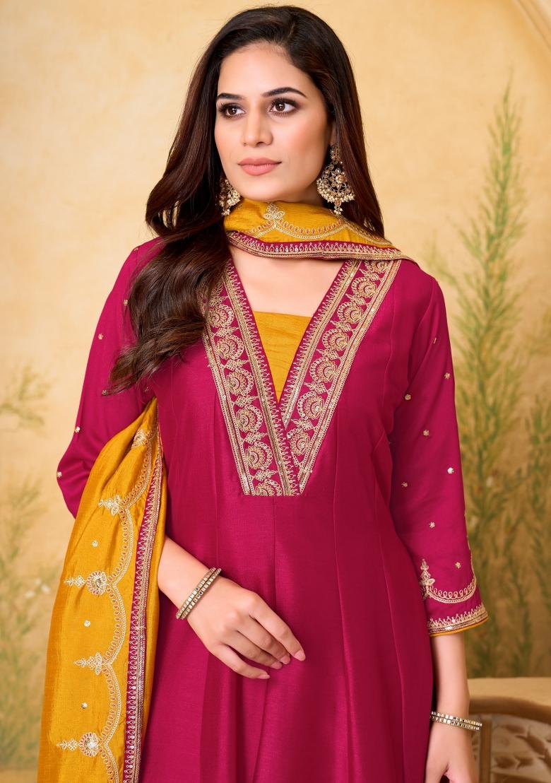 Pink Embroidered Silk Blend Anarkali Set - Indya