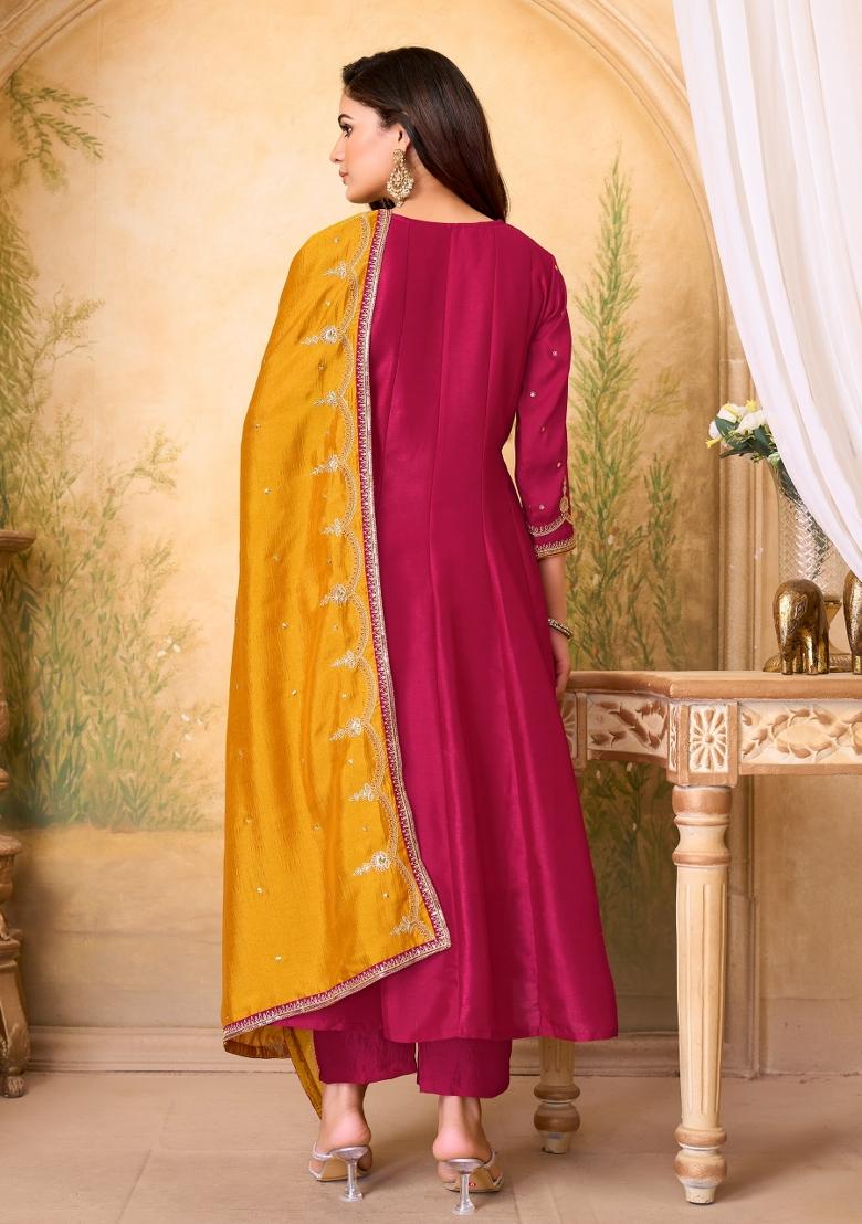Pink Embroidered Silk Blend Anarkali Set - Indya