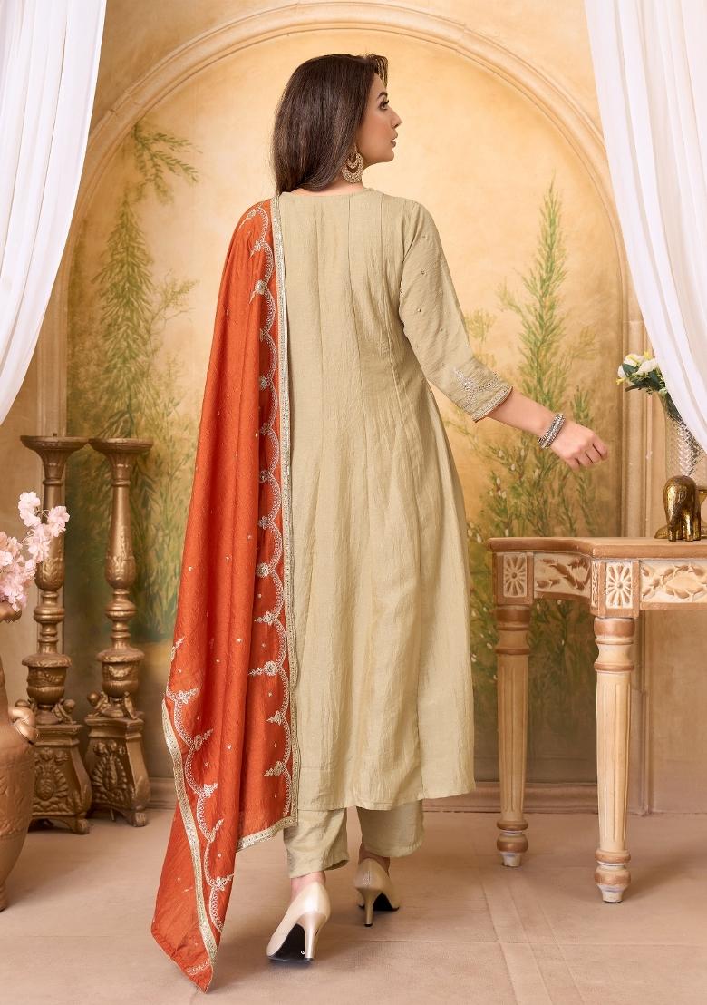 Cream Rust Embroidered Silk Blend Anarkali Set - Indya
