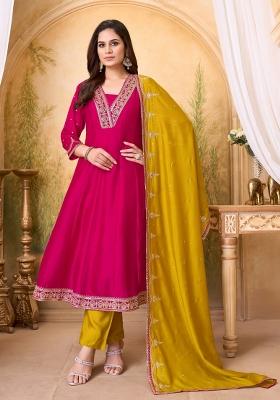 Pink Yellow Embroidered Silk Blend Anarkali Set