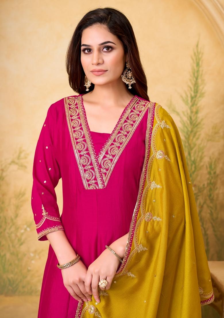 Pink Yellow Embroidered Silk Blend Anarkali Set - Indya