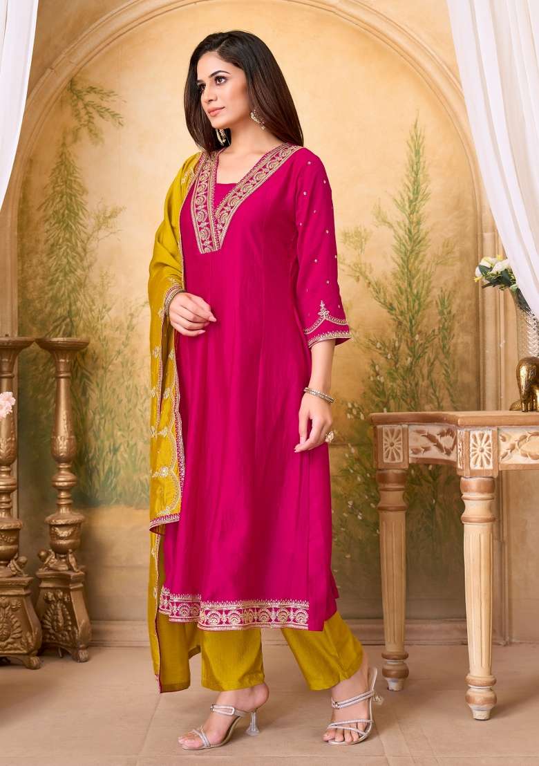 Pink Yellow Embroidered Silk Blend Anarkali Set - Indya