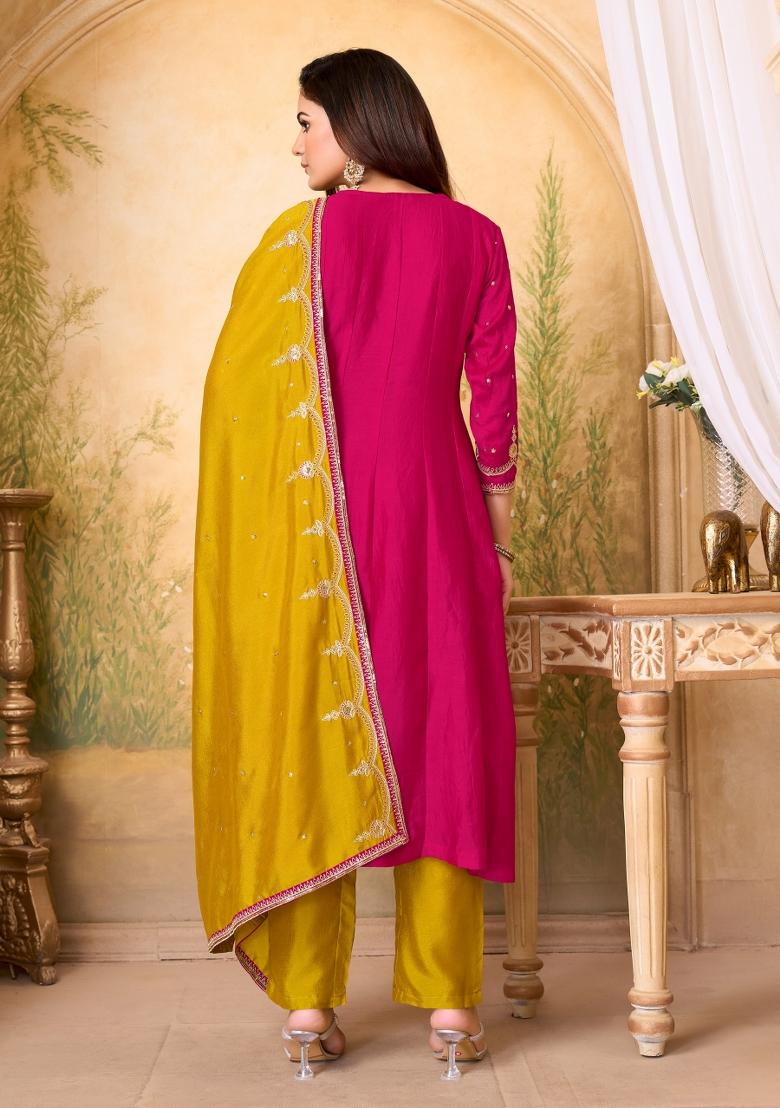Pink Yellow Embroidered Silk Blend Anarkali Set - Indya