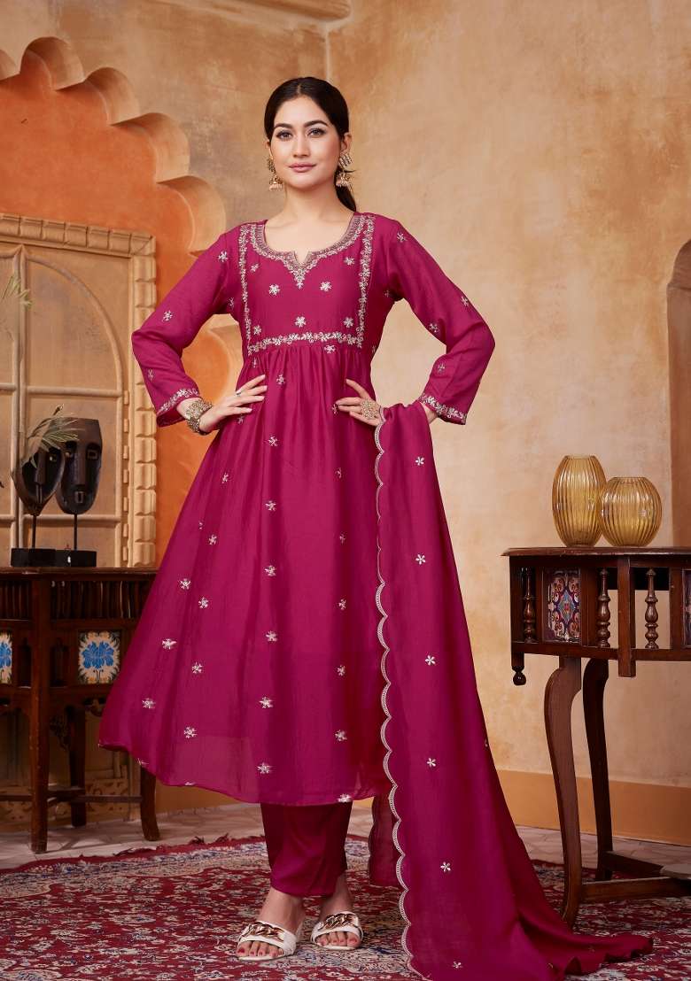 Pink Embroidered Silk Blend Anarkali Set - Indya