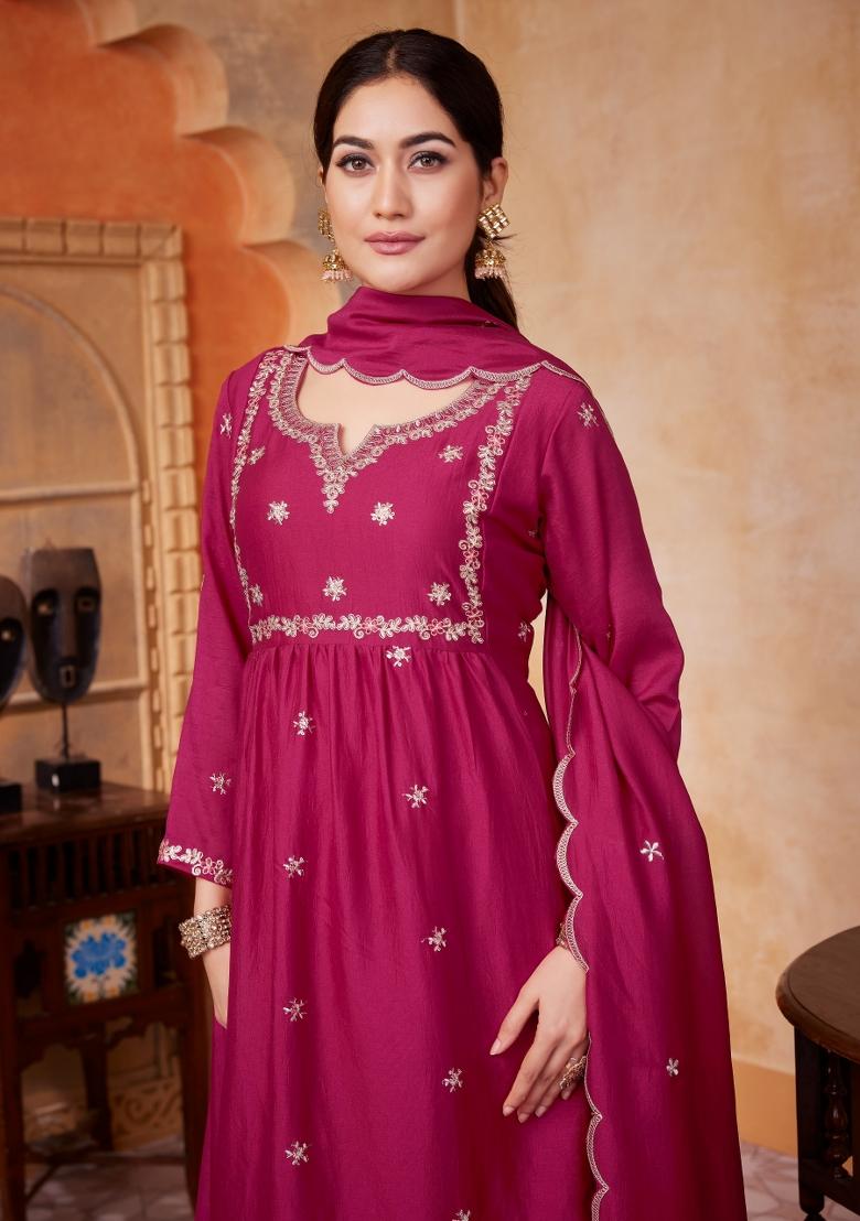 Pink Embroidered Silk Blend Anarkali Set - Indya