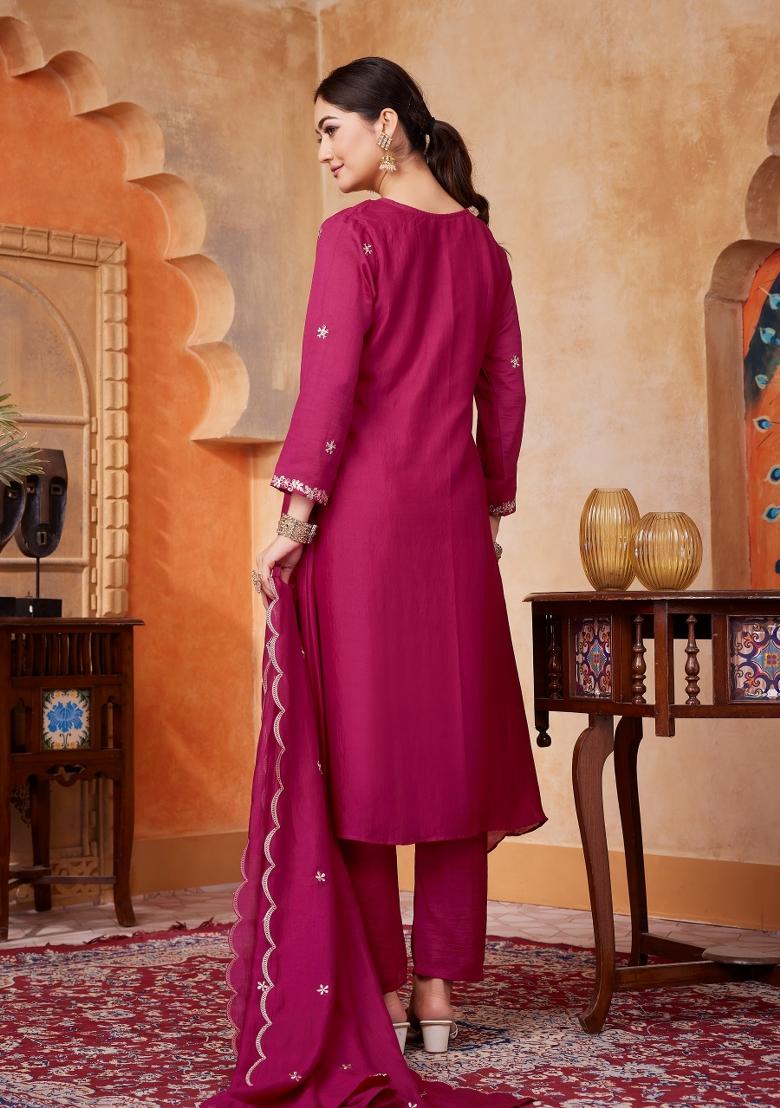 Pink Embroidered Silk Blend Anarkali Set - Indya