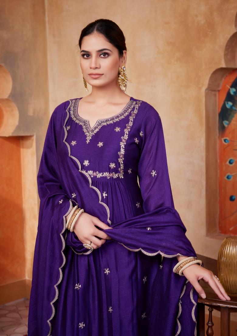 Purple Embroidered Silk Blend Anarkali Set - Indya