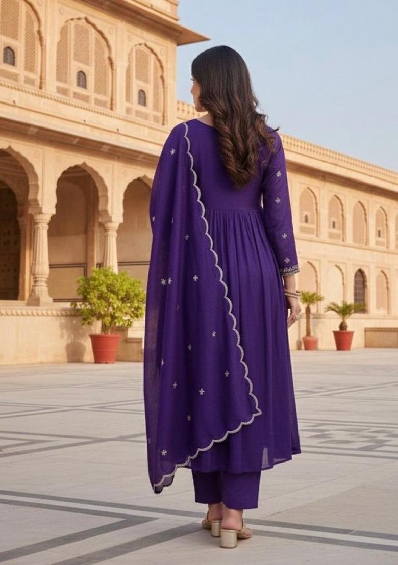 Purple Embroidered Silk Blend Anarkali Set - Indya