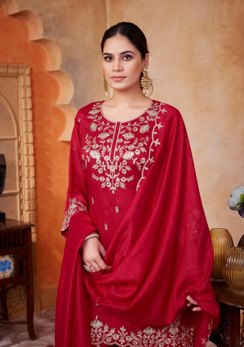Pink Embroidered Silk Blend Salwar Kameez - Indya