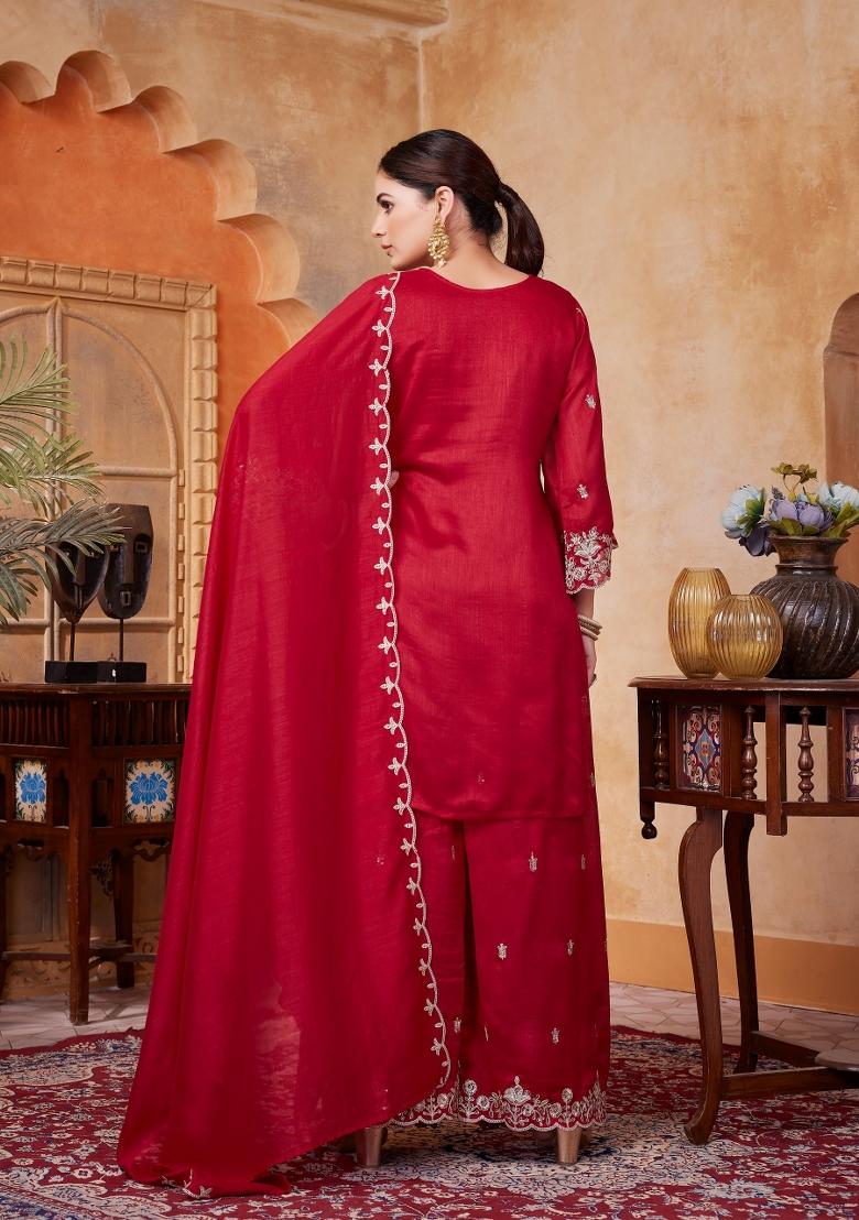 Pink Embroidered Silk Blend Salwar Kameez - Indya