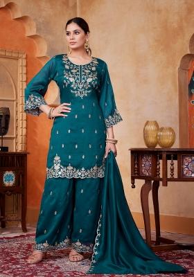 Teal Embroidered Silk Blend Salwar Kameez