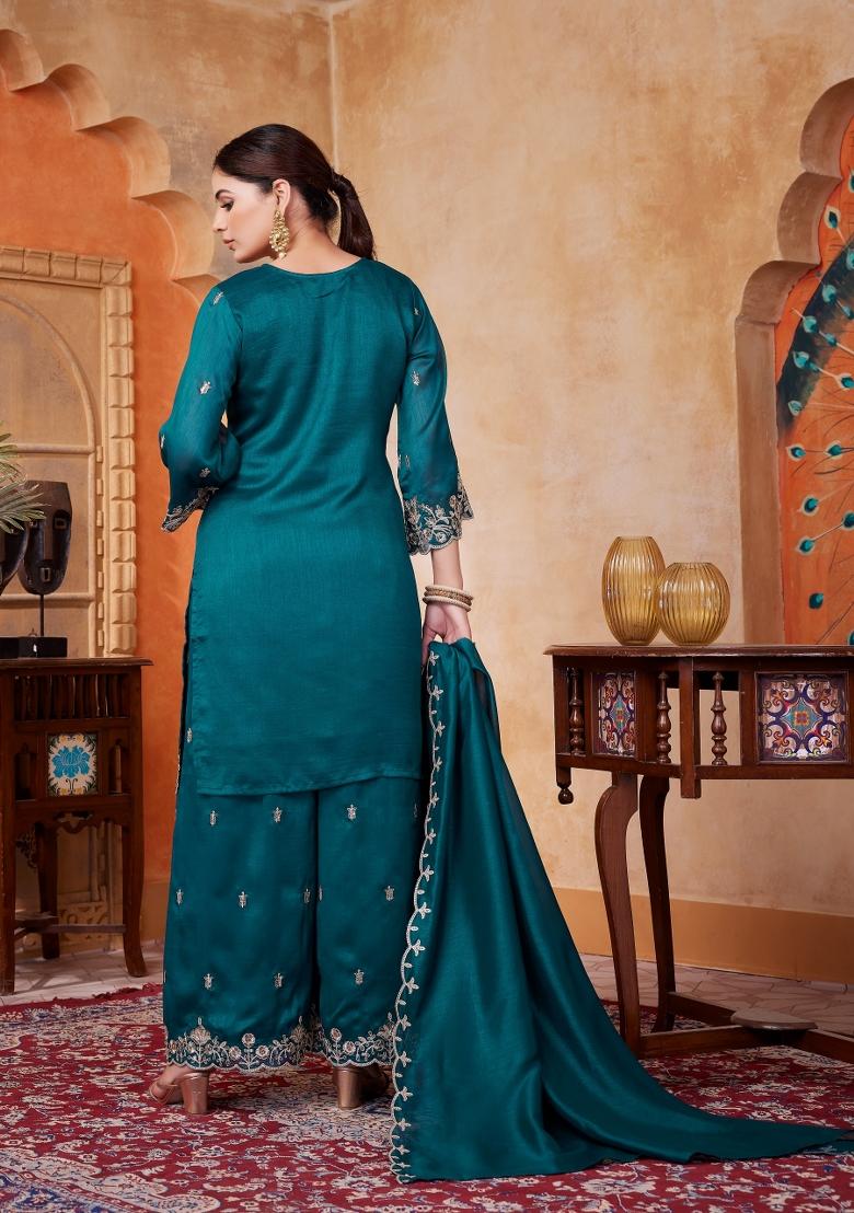 Teal Embroidered Silk Blend Salwar Kameez - Indya