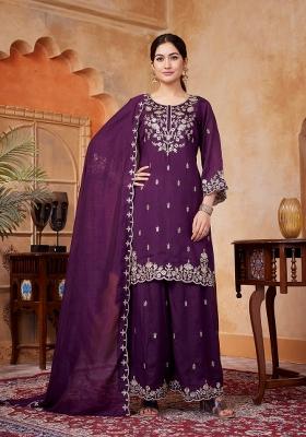 Wine Embroidered Silk Blend Salwar Kameez