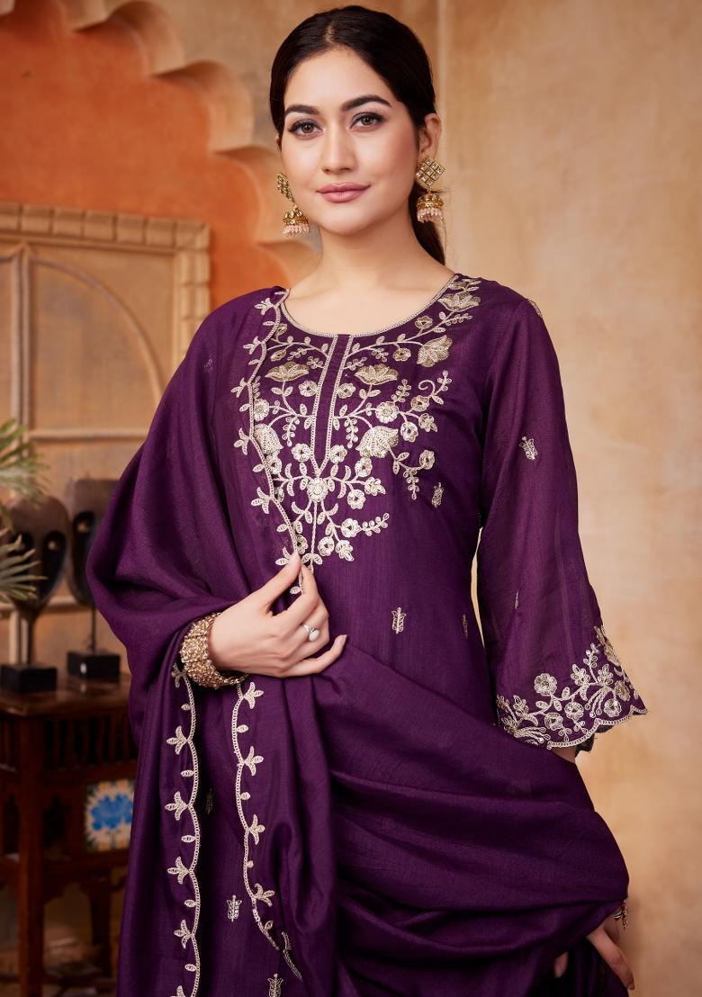 Wine Embroidered Silk Blend Salwar Kameez - Indya