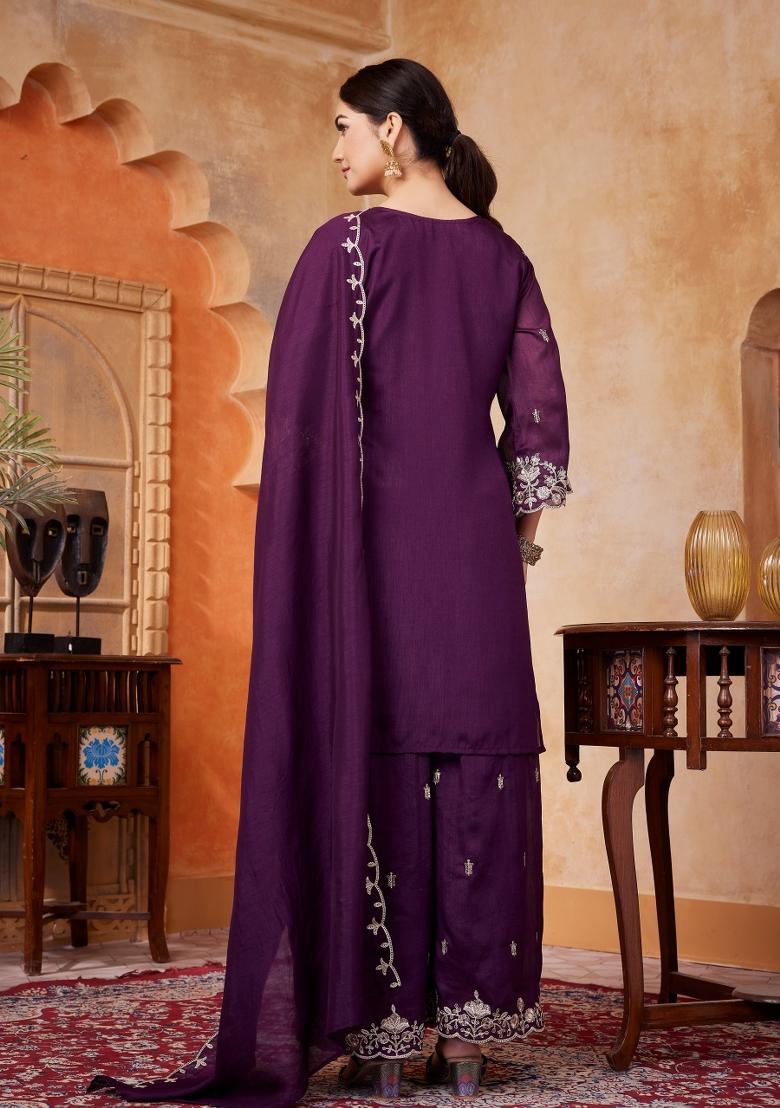 Wine Embroidered Silk Blend Salwar Kameez - Indya