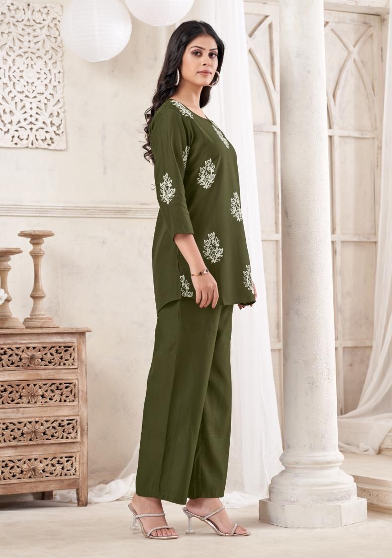 Butta Green Dori Work Cotton Co-Ords Set - Indya
