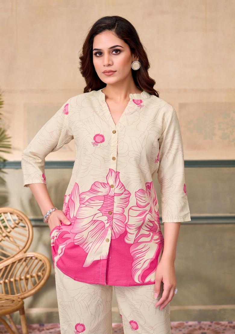Pink Printed Linen Co-Ords Set - Indya