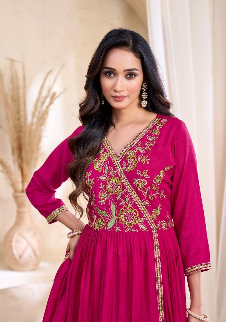 Pink Embroidered Silk Blend Anarkali Set - Indya