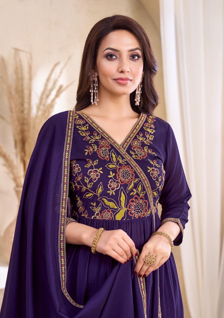 Purple Embroidered Silk Blend Anarkali Set - Indya