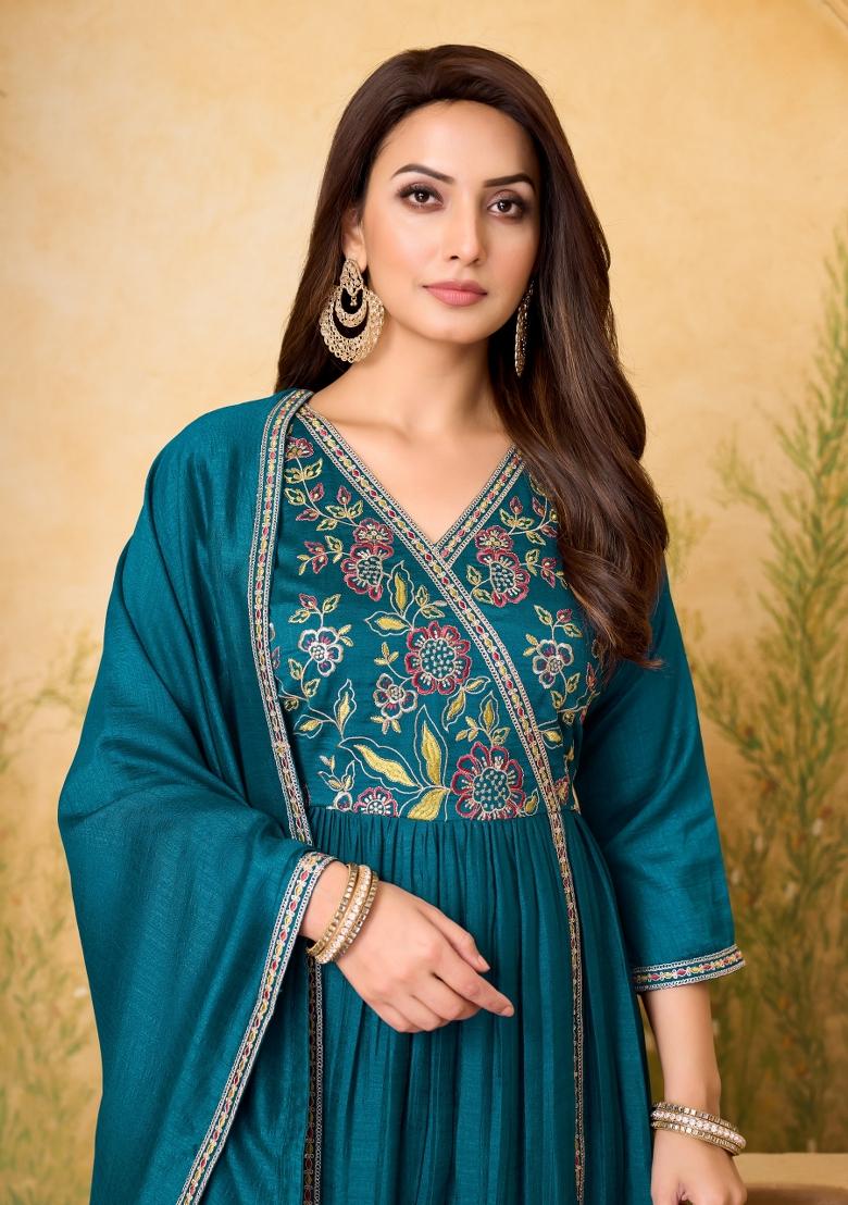 Teal Embroidered Silk Blend Anarkali Set - Indya