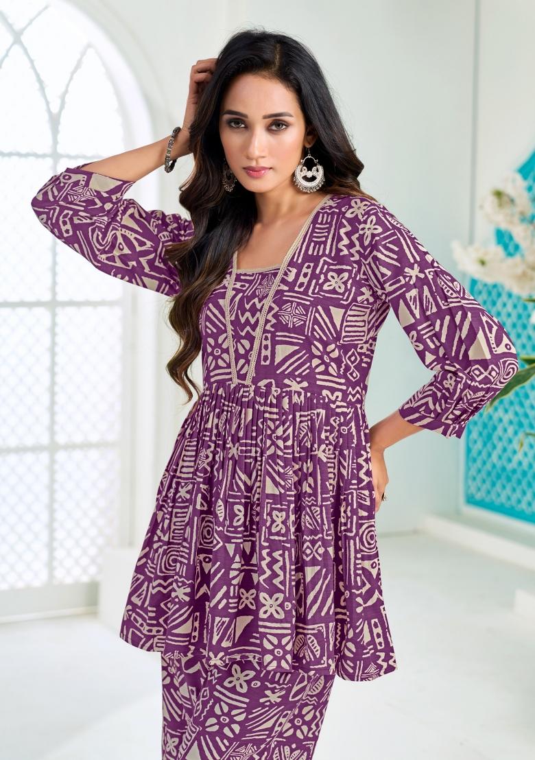 Purple Printed Silk Co-Ords Set - Indya