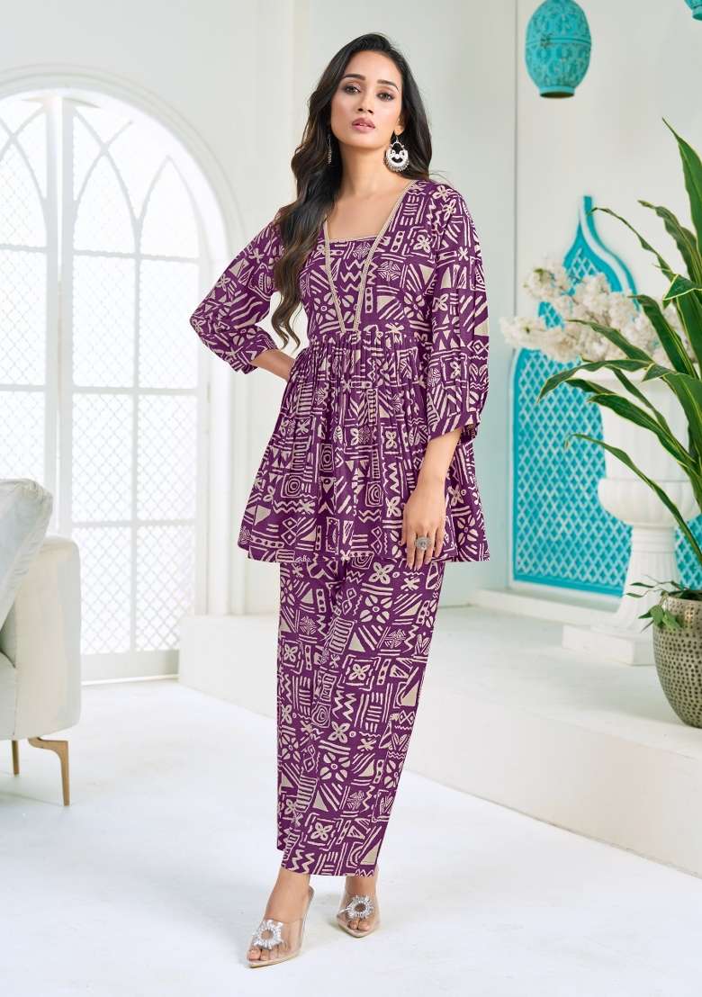 Purple Printed Silk Co-Ords Set - Indya