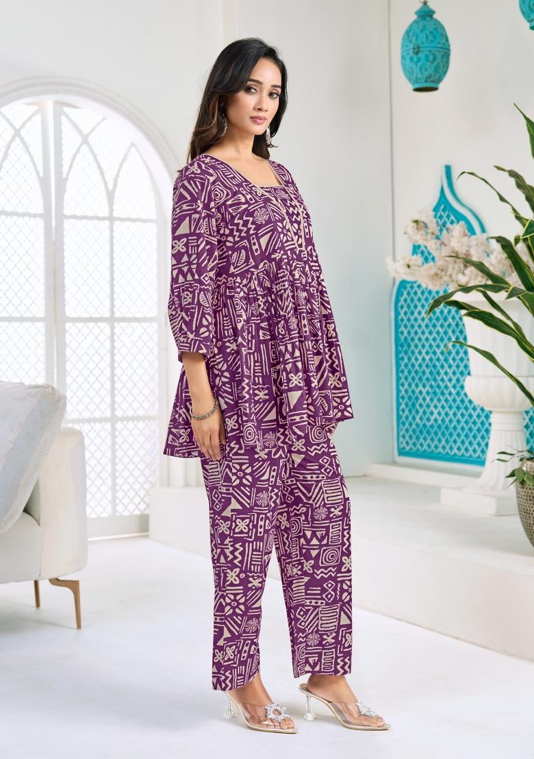 Purple Printed Silk Co-Ords Set - Indya