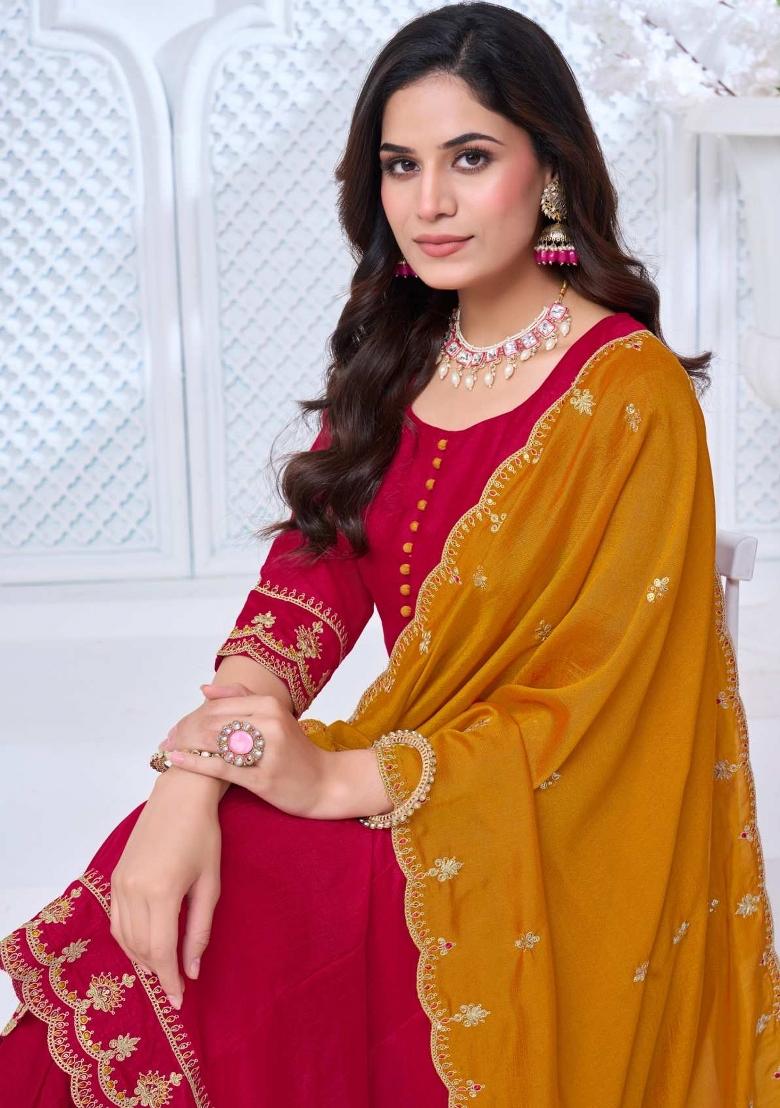 Pink Embroidered Silk Blend Anarkali Set - Indya
